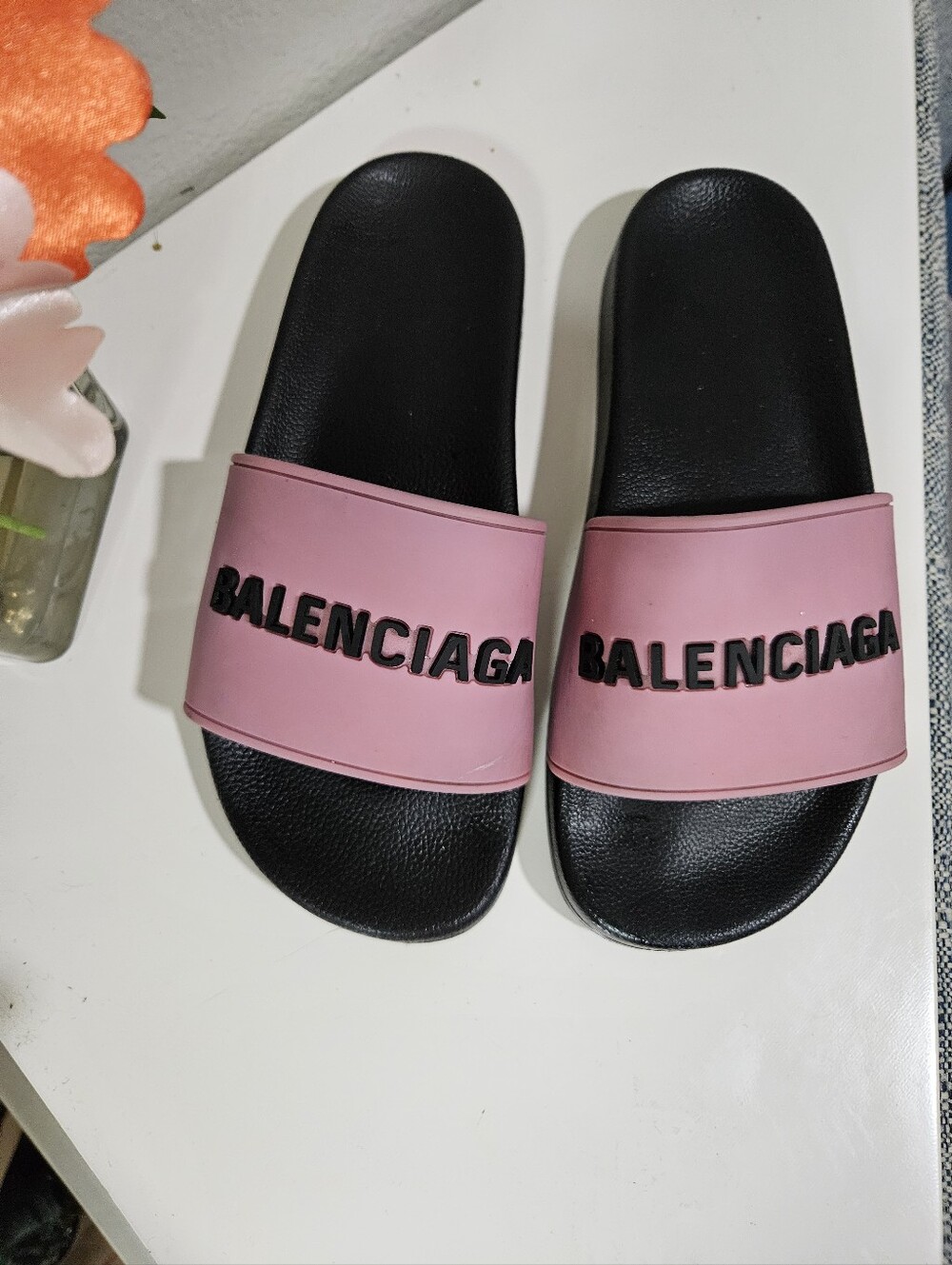 Balenciaga Pink and Black Logo Slide Sandals - Women's